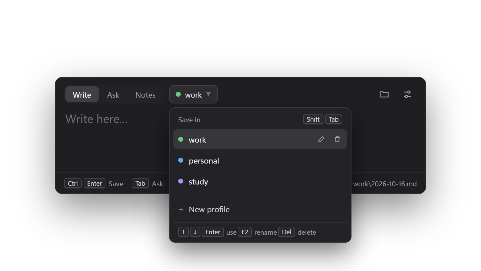 The profile picker showing work, personal and study