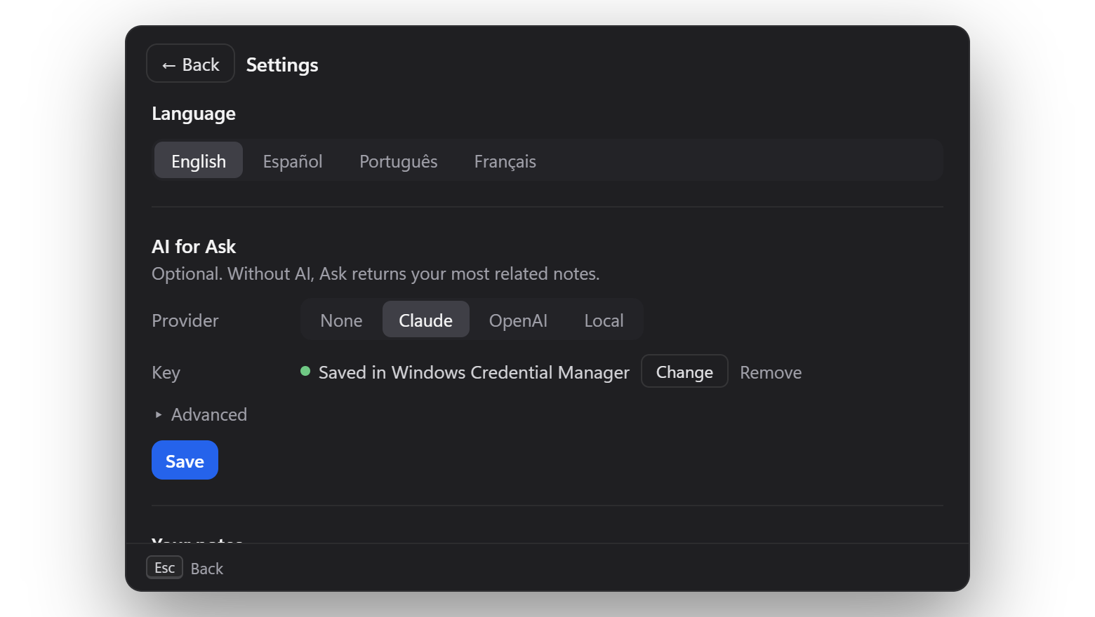 Settings for language and AI